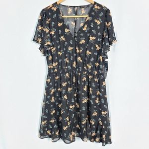 Trixxi Floral Black V-neck Plus Size Mini Dress 1X